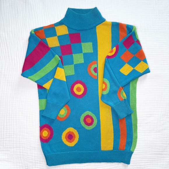 Vintage 80s/90s? I.B. Diffusion cotton blend funky blue mock neck sweater size M - Picture 2 of 14